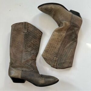 Mia Distressed Tan Brown Mid Calf Leather Pull On Western Cowgirl Boots